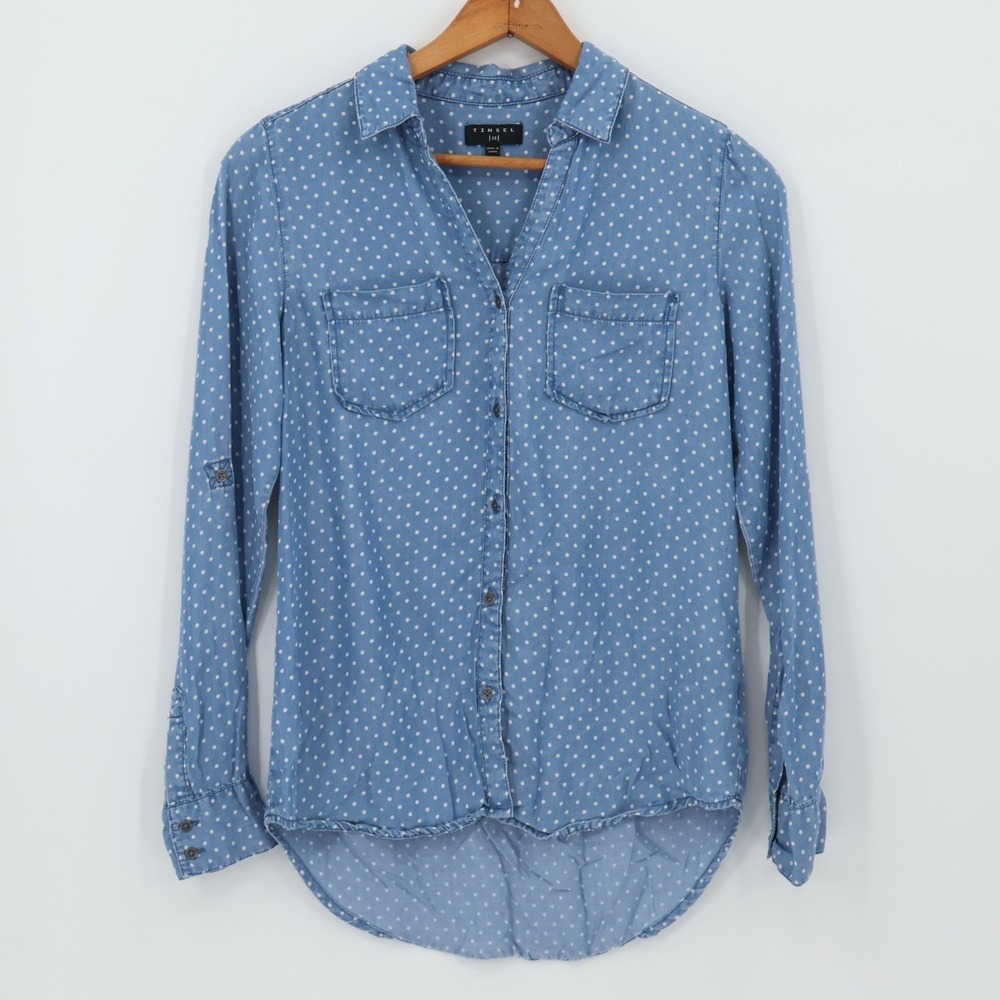 Tinsel Blue Polka Dot Chambray Button Top Womens Size XS Roll Tab Sleeve